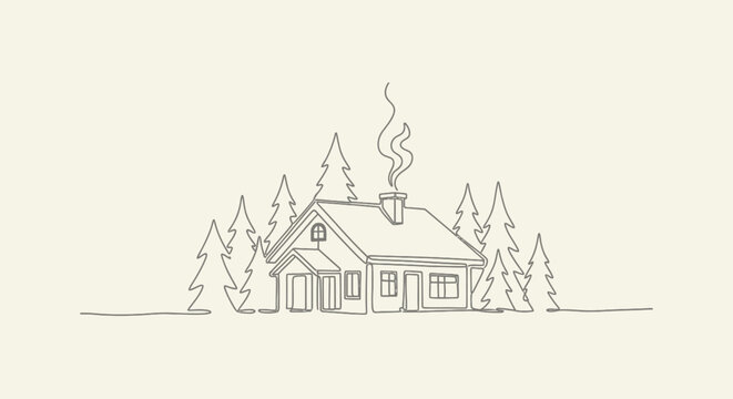 Cozy one-line drawing of a house with smoke from chimney