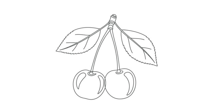 Minimalist line art drawing of two cherries with leaves