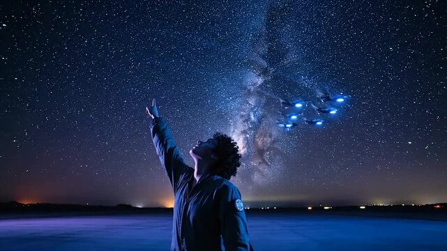 Person reaching towards the night sky with milky way and artificial lights