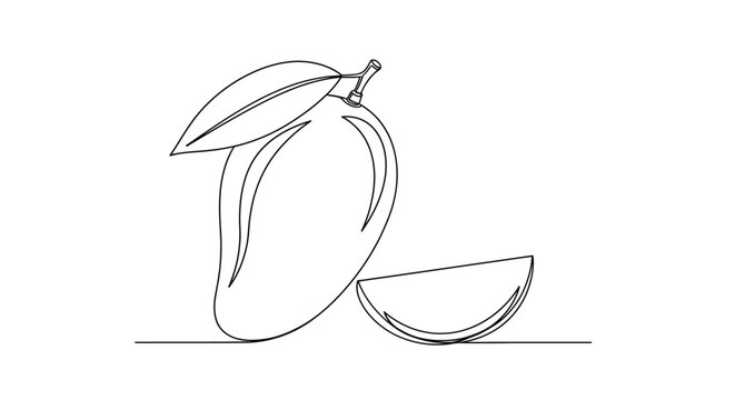 Single line drawing of a mango with a slice and a leaf