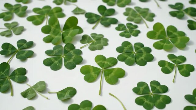 Green clover and shamrock leaves scattered on white background