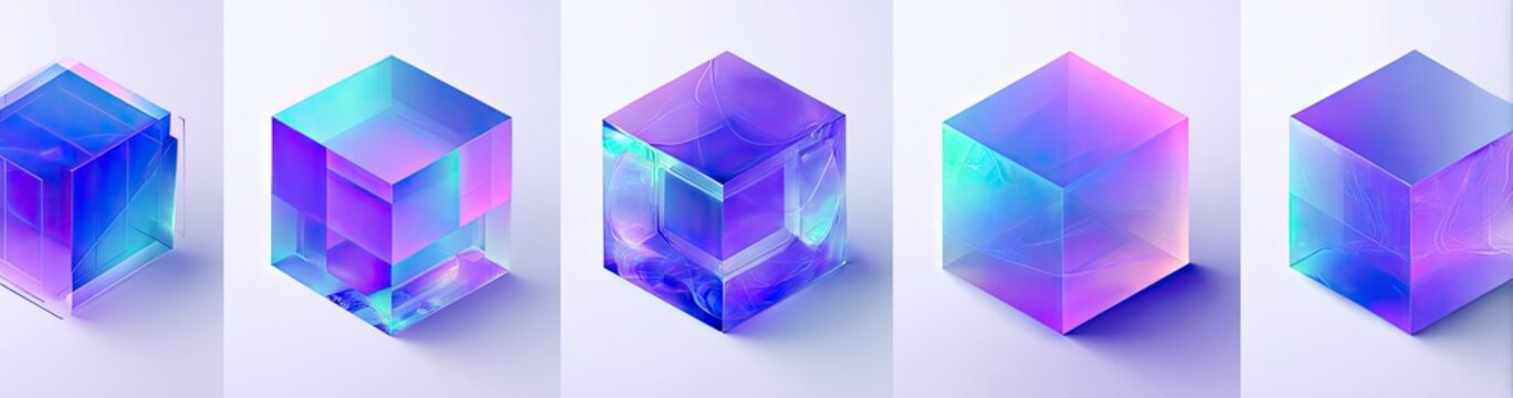 Five translucent, iridescent cubes with internal geometric patterns on a light background