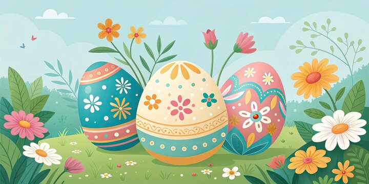 Happy Easter spring landscape with decorated eggs flowers and meadow scene.