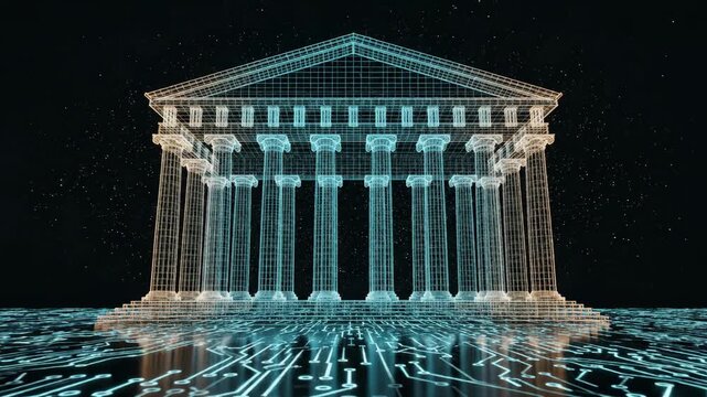 Digital Ancient Greek Temple Architecture on Futuristic Circuit Board.