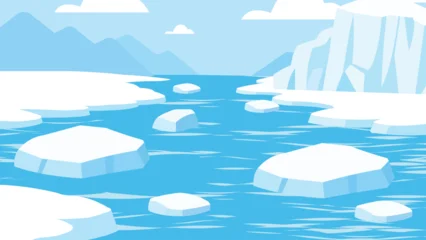 Fotobehang Blauw Cartoon-style Arctic landscape featuring drifting icebergs and an icy blue frozen sea in vector illustration.    © Tanjida