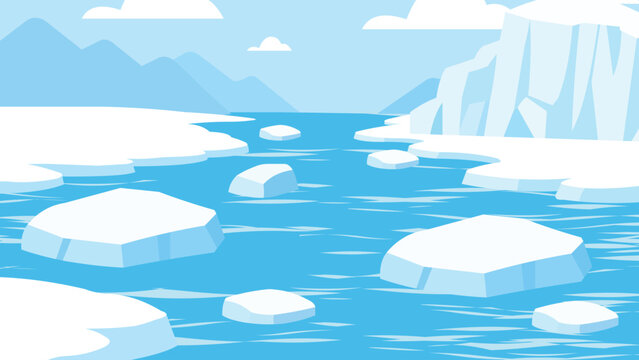 Cartoon-style Arctic landscape featuring drifting icebergs and an icy blue frozen sea in vector illustration.  