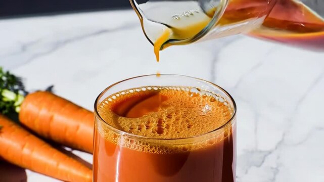 Close-up of fresh organic carrot juice being poured from a pitcher into a clear glass on a white marble surface, raw fresh carrots visible in the background. Vibrant orange color, healthy nutrition