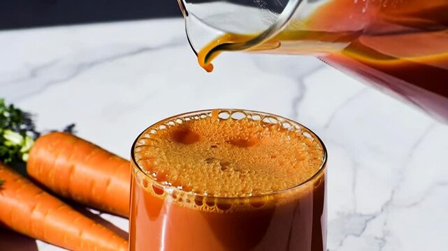 Close-up of fresh organic carrot juice being poured from a pitcher into a clear glass on a white marble surface, raw fresh carrots visible in the background. Vibrant orange color, healthy nutrition