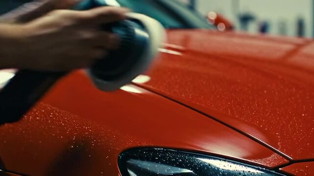 Professional Car Detailer Polishing Orange Sports Car with Orbital Polisher, Auto Detailing Service