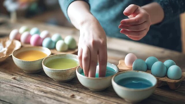 Hands Dipping White Eggs into Bowls of Pastel Dye on Wooden Table