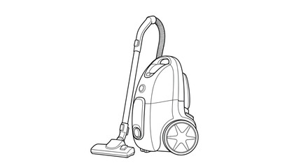 Line drawing of a modern upright vacuum cleaner with a hose and wheels © Ferdous_Studio