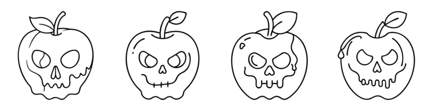 Four stylized Halloween poison apple skulls with stems and leaves black outline