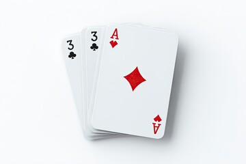 Obraz premium Three playing cards (two 3s, one Ace) fanned on white background