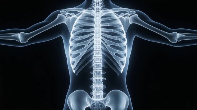 Radiological bone scanning animation showing human skeletal system on black background