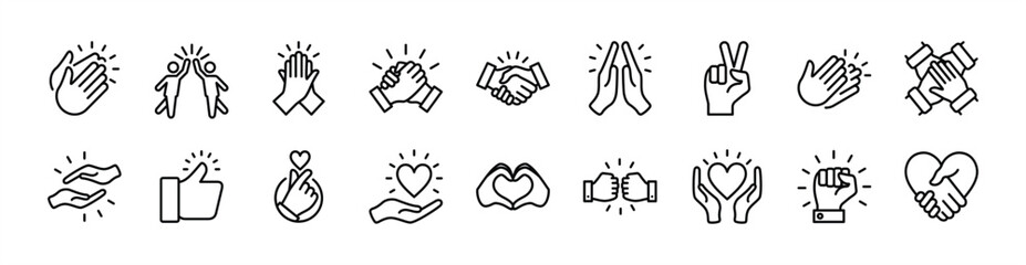 Obraz premium Clap icon set. Contains applause, cheers hand, handshake, peace, thumbs up, love, care, passion, together, help, support, partnership, agreement, trust, cooperation, high five - vector illustration