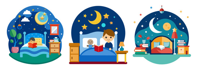 Obraz premium Three cozy indoor scenes with celestial night sky backdrops
