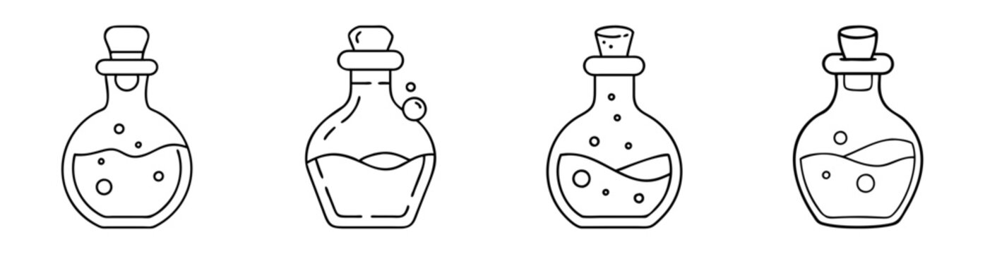 Collection of whimsical potion bottles with liquid and cork stoppers outline art