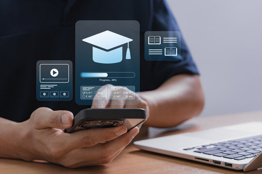 mobile online learning and progress tracking system. man using smartphone with online learning application interface, mobile education platform with video lesson and quiz module.