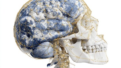 Fototapeta premium Anatomical illustration of a human skull with brain visible, overlaid with a neural network