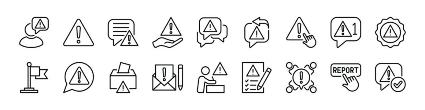 Report issue thin line icon set. Alert, warning, caution, exclamation mark triangle, notice, attention. Contains communication, suggestion box, button, message reply, conversation. Vector illustration