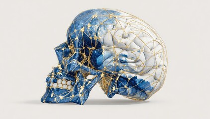 Fototapeta premium Abstract side view of a skull with a visible brain, overlaid with a golden network