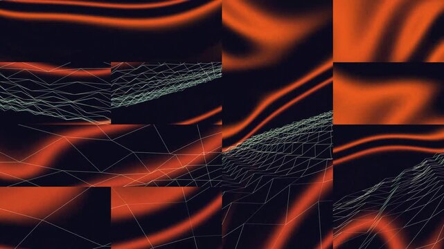 Abstract Wireframe Grid Landscape with Glowing Orange Silk on Dark Background