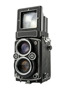 Vintage twin lens reflex camera with open viewfinder isolated. Analog medium format photography.