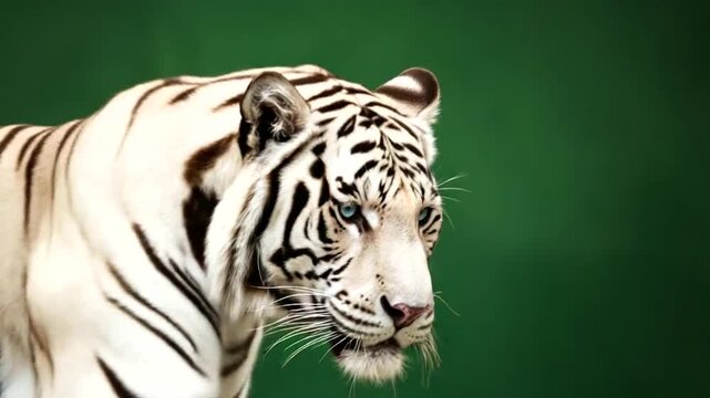 Majestic white tiger prowling against a green backdrop