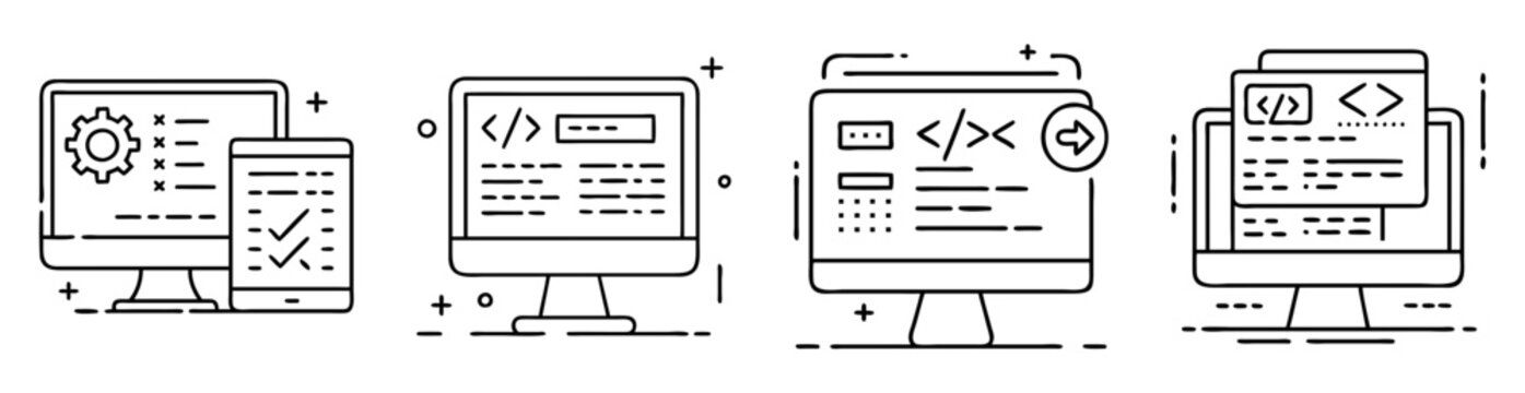 Depiction of the coding and development process on various screens and devices