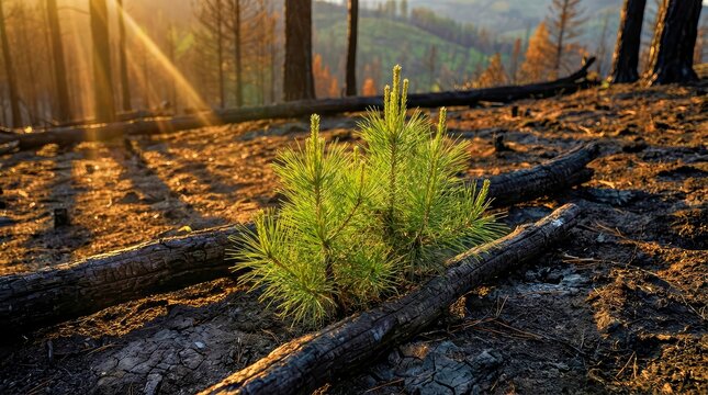 Resilience Young Pine Tree Growing Amidst Burned Forest Landscape