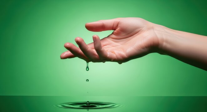 A hand gently cupping a falling water droplet above a rippling green surface viewed from a slightly elevated angle