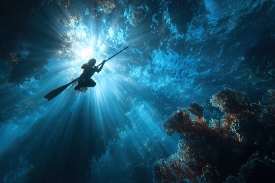 Diver aiming spear gun in ocean