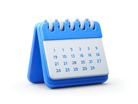 A 3D rendering of a blue desk calendar showing days, dates, and months
