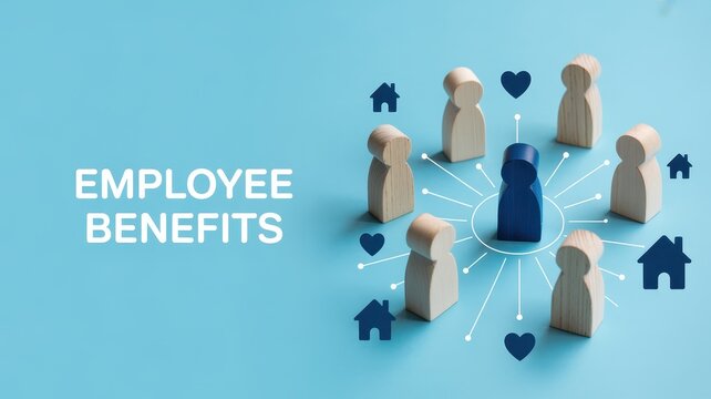 Employee Benefits text with wooden figures and icons of houses and hearts on a blue background representing human resources.