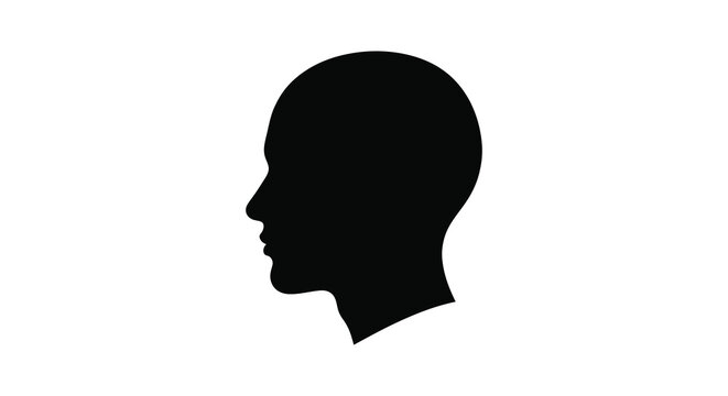 A stark black profile of a human head against a white background creating a minimalist art piece silhouette
