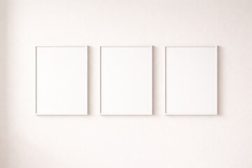 Three blank vertical wall art frames mockup aligned on neutral minimal wall with soft lighting