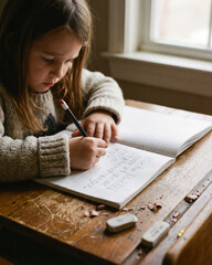 Una niña se concentra intensamente escribiendo en un cuaderno en un escritorio de madera rústica. La luz natural de una ventana ilumina sus deberes, virutas de lápiz y borradores.