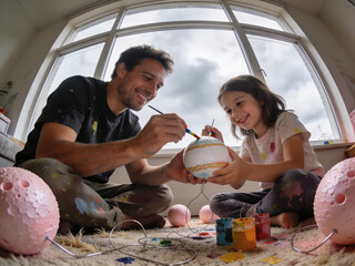 Un hombre y una niña sonrientes se sientan en el suelo pintando esferas de espuma para un proyecto escolar del sistema solar. La luz natural ilumina su sesión de estudio y manualidades en casa.