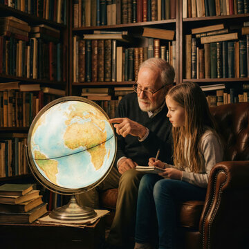 Un anciano y una ni&ntilde;a estudian geograf&iacute;a en una biblioteca acogedora llena de libros. &Eacute;l se&ntilde;ala un globo terr&aacute;queo brillante mientras ella toma notas, resaltando un momento de mentor&iacute;a.