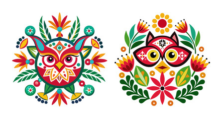 Vibrant folk art owls with intricate floral patterns design