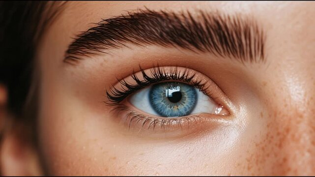 Close up of a woman's eye showcasing natural eyelashes and well-groomed eyebrows during a beauty routine