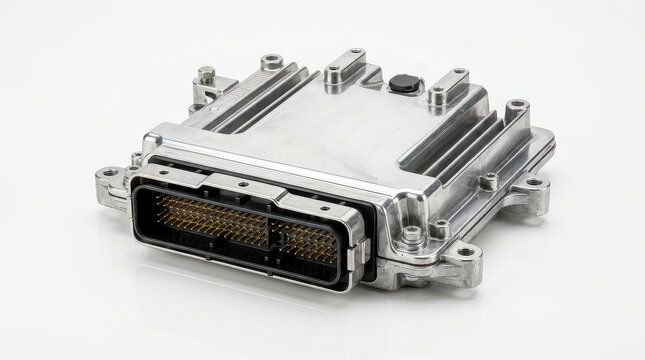 Automotive Engine Control Unit ECU with large multi-pin connector on white background