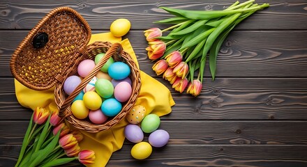 Colorful Easter eggs in a basket with tulips on a wooden background