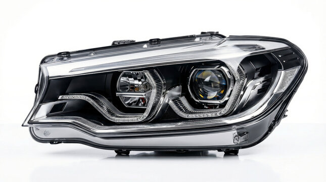Modern automotive headlight assembly with intricate design and LED accents on a white background