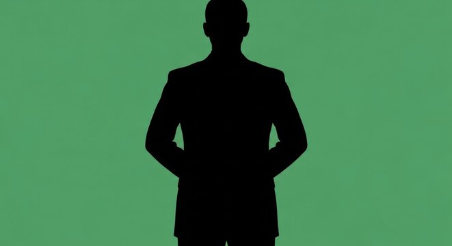 A confident businessman stands with hands on hips against a plain green background.