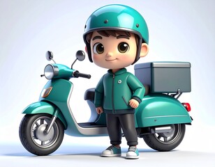 3D Chibi Delivery Courier Standing Next to a Green Scooter with a Delivery Box