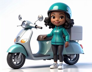 3D Illustration of a Female Delivery Courier Character Standing Beside a Teal Scooter