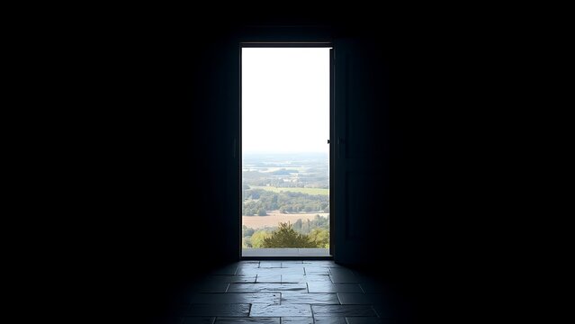 An open doorway framing a bright landscape outside, contrasting with a dark interior. travel magazines, destination branding, designed for travel destination branding.