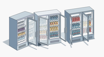 Isometric illustration of three refrigerators with open glass doors, stocked with an assortment of beverages including bottles and cans, set against a clean white background.