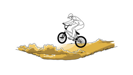 Naklejka premium bmx biker jumping over dirt ramp hand drawn vector illustration extreme sports activity